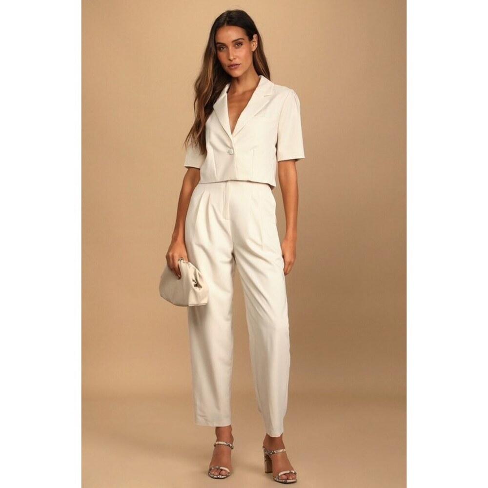 LULUS Posh Company Ivory Pleated High-Waisted Trouser Pants